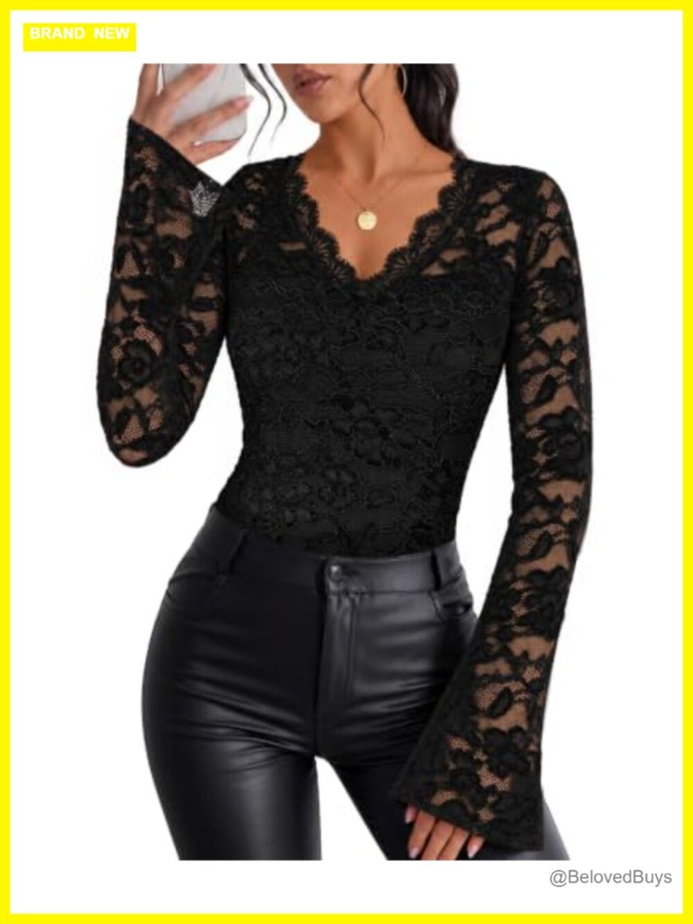 Women Lace Long Bell Sleeve Blouse V Neck Dressy Top